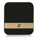 Silver video doorbell smart wireless wifi security camera shown with black rounded device and gold stripe with blue music note