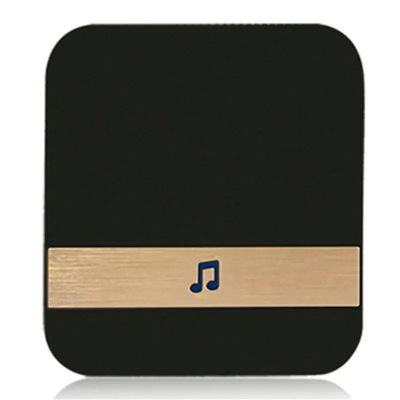 Silver video doorbell smart wireless wifi security camera shown with black rounded device and gold stripe with blue music note