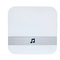 Silver video doorbell smart wireless wifi security camera with a white rectangular body and silver band featuring a musical note icon