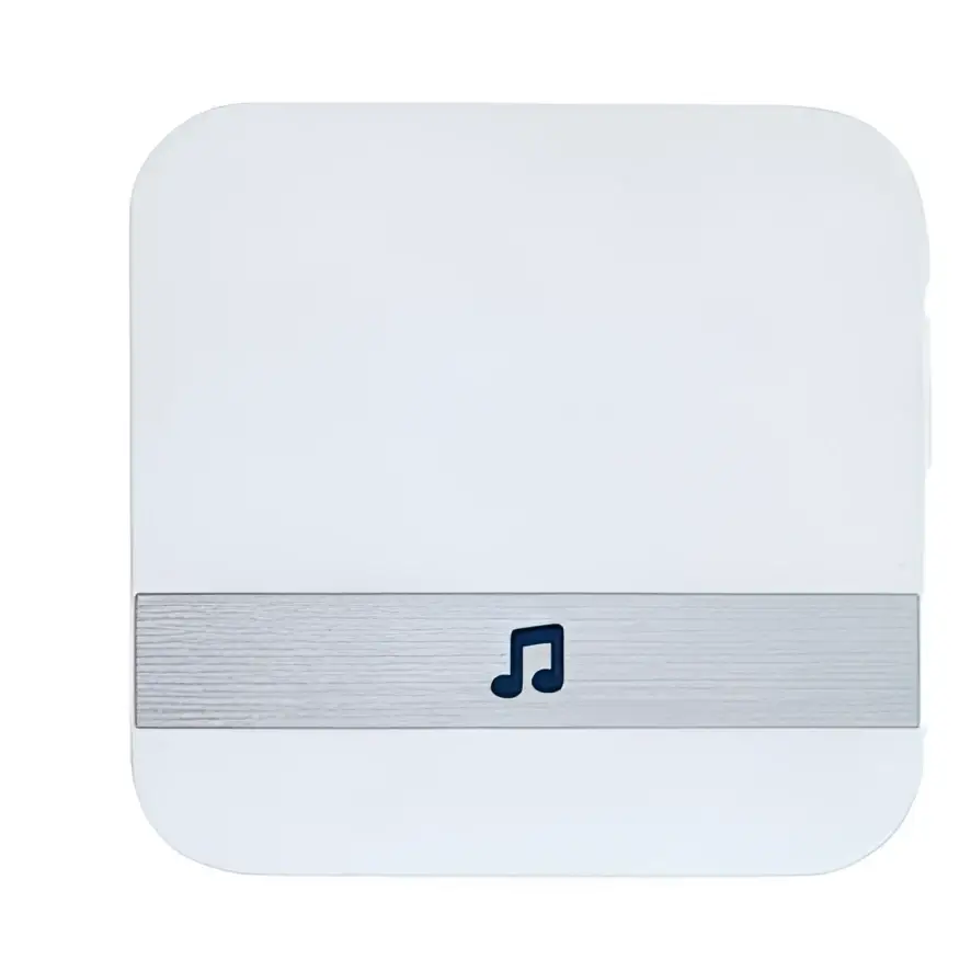 Silver video doorbell smart wireless wifi security camera with a white rectangular body and silver band featuring a musical note icon