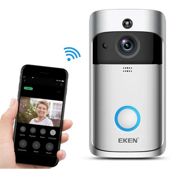 Silver video doorbell smart wireless wifi security camera with circular blue-lit button and black camera lens