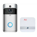 Silver video doorbell smart wireless wifi security camera with a circular blue-lit button and white bell push panel