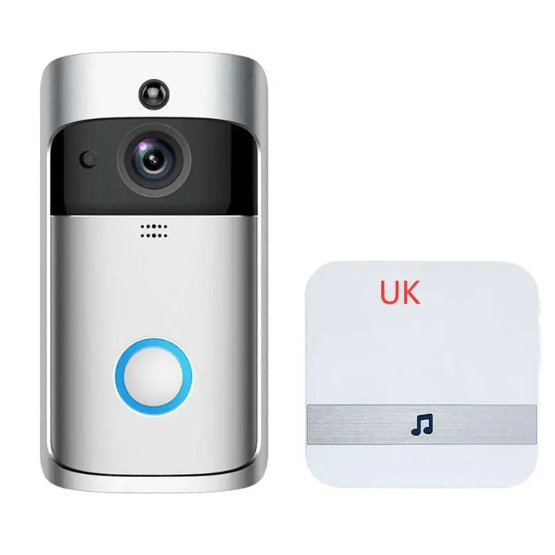 Silver metallic video doorbell smart wireless wifi security camera with blue-lit button and white uk receiver plate