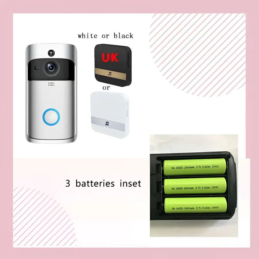 Silver and black video doorbell smart wireless wifi security camera with circular blue button, camera lens, and speaker grille