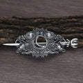 Silver-toned female viking barrettes featuring a metal hairpin with crescent moon and sunburst cloud design