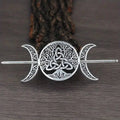 Silver-toned female viking barrettes featuring an intricate tree of life celtic knotwork with crescent moons design