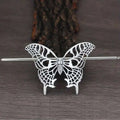 Silver-toned female viking barrettes featuring a silver butterfly hairpin with intricate lace-like wings and slender alloy pin