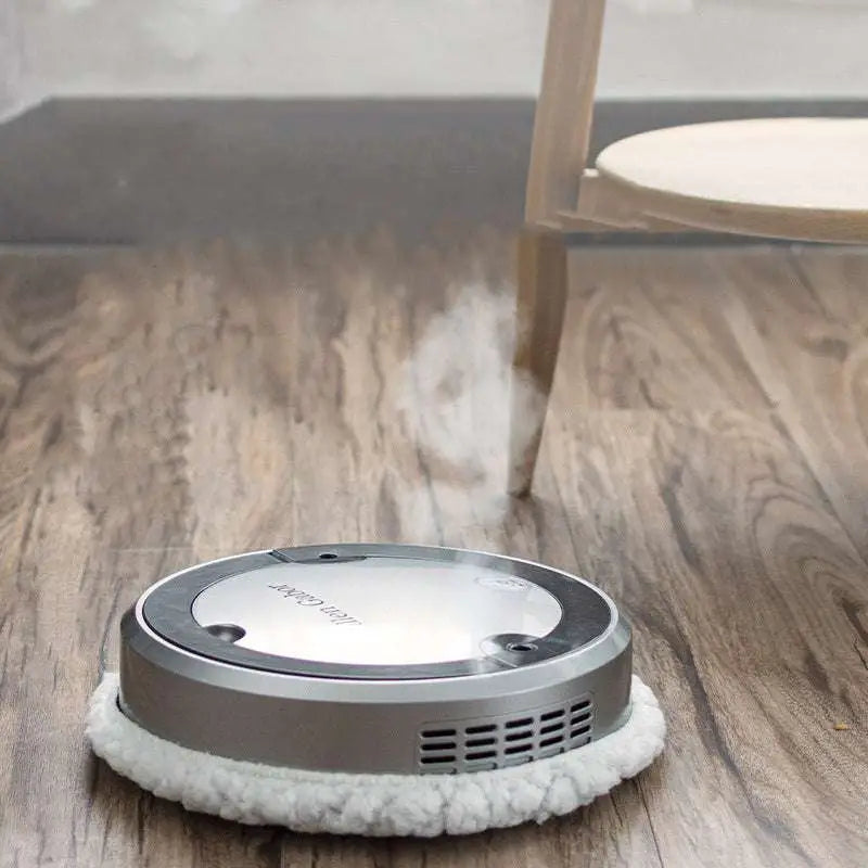 Silver white intelligent automatic sweeping robot with a soft fluffy cleaning pad and blue microfiber cleaning surface