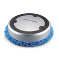 Silver white intelligent automatic sweeping robot with silver and black design and blue microfiber cleaning pad