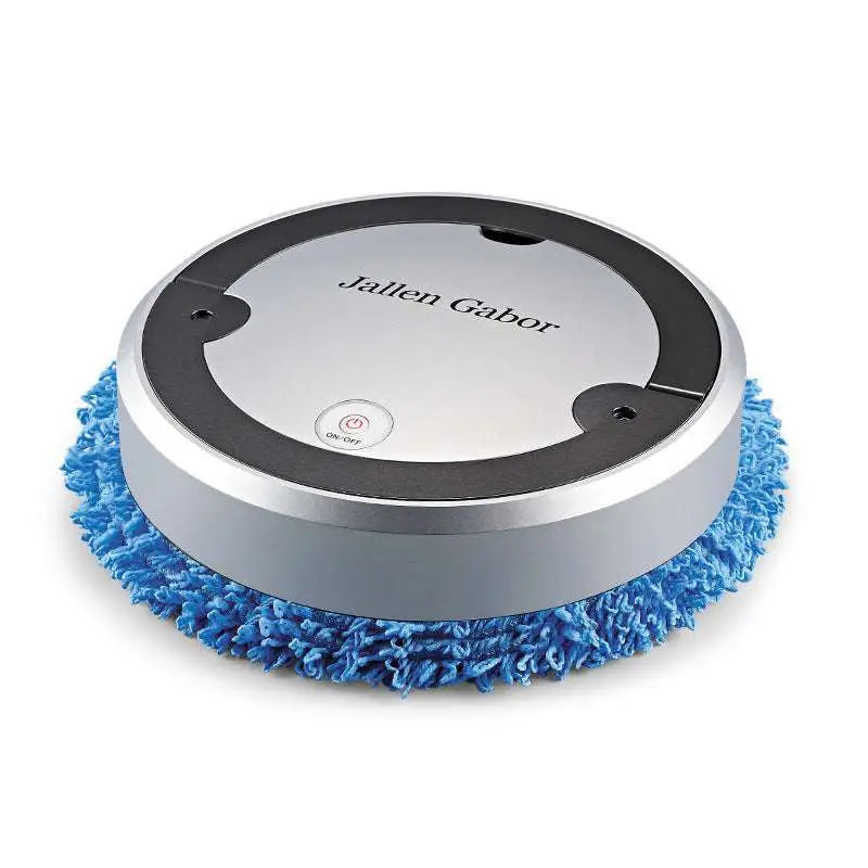 Silver white intelligent automatic sweeping robot with silver and black design and blue microfiber cleaning pad