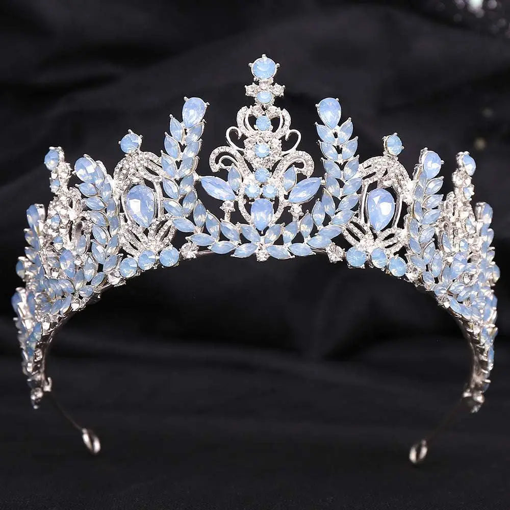 Silver white leafy opal and crystal bridal crown featuring an ornate design with light blue opal stones and clear crystals