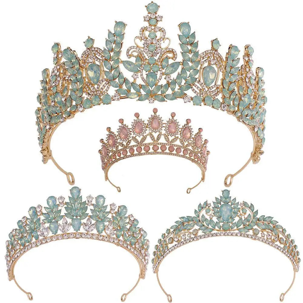 A crystal bridal crown set featuring gold-toned metalwork with white leafy opal and pastel gemstones in floral designs