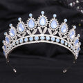 Silver white leafy opal crystal bridal crown featuring light blue teardrop crystals and elegant leaf motif design