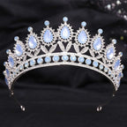 Silver white leafy opal crystal bridal crown featuring light blue teardrop crystals and elegant leaf motif design