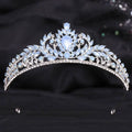 Silver white leafy opal and crystal bridal crown featuring delicate silver tiara with light blue and clear rhinestones