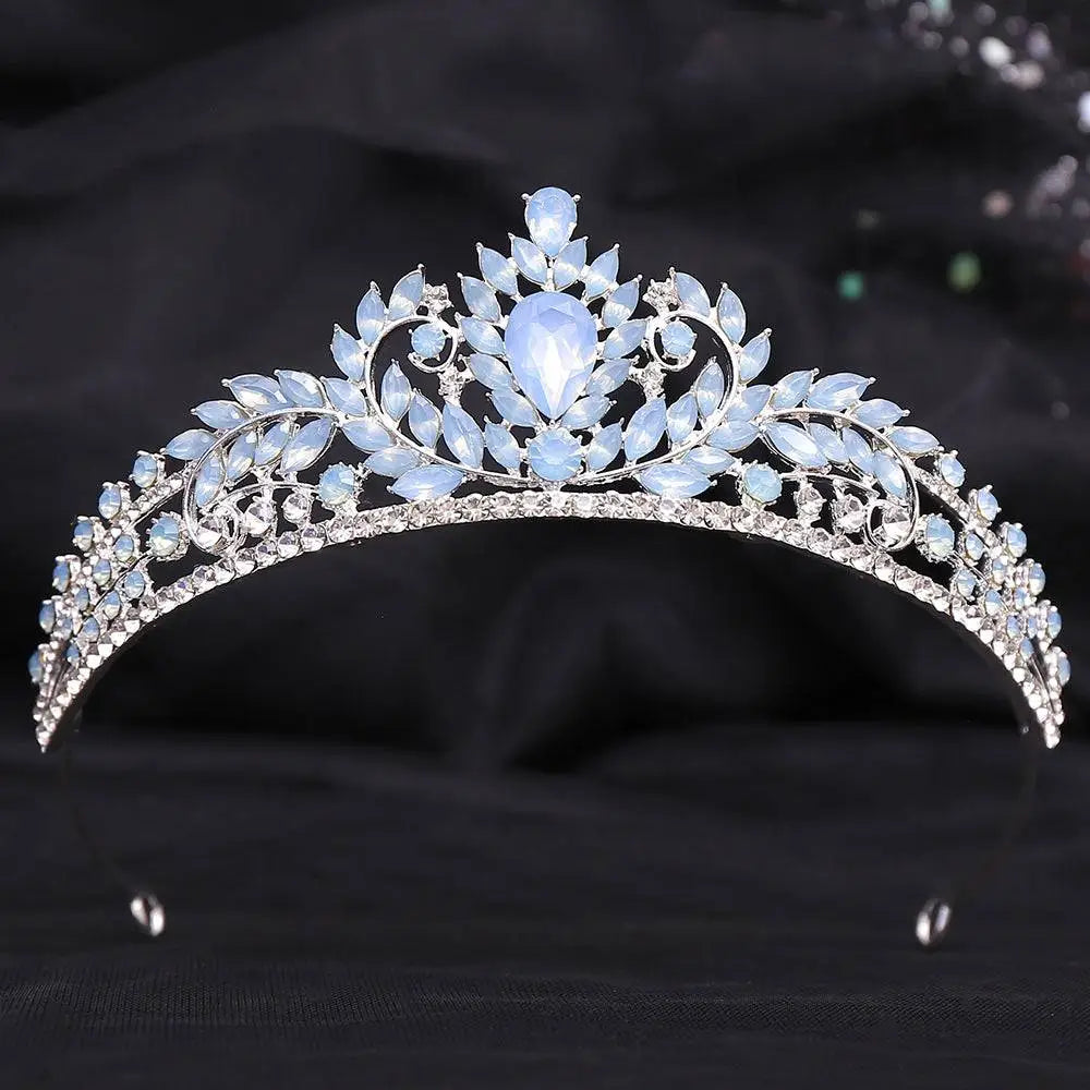 Silver white leafy opal and crystal bridal crown featuring delicate silver tiara with light blue and clear rhinestones