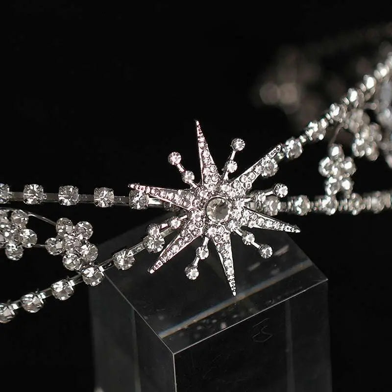 Silver zircon bridal crown headdress featuring a delicate metal framework with sparkling rhinestones and floral crystals