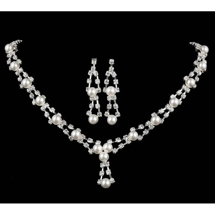 Elegant silver-toned simple bride jewelry pearl and rhinestone necklace set with white pearls and clear crystals
