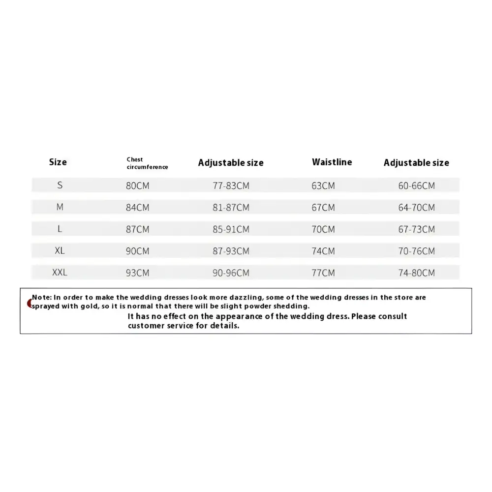 Size chart for simple elegant french style white satin wedding dress with measurements in centimeters s to xxl