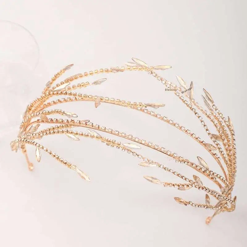 Silver leaf-adorned bridal headband featuring golden alloy double mesh rhinestone and delicate crystal detailing