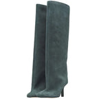 Dark green suede knee high boots with simple stitching square design and slender heel for yards custom style