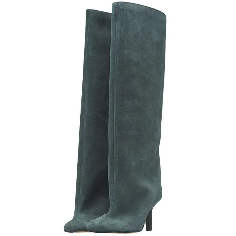 Dark green suede knee high boots with simple stitching square design and slender heel for yards custom style