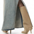 Tan suede knee high boots with simple stitching square head and slender high heels for yards custom style