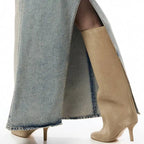 Tan suede knee high boots with simple stitching square head and slender high heels for yards custom style