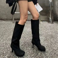 Simple stitching square black knee high boots with sleek form-fitting design and slender heels in yards custom style