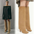 Tan suede over-the-knee boots with simple stitching square design and low heel complement black knee high styles