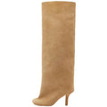 Tan suede knee-high boot with peep-toe and slender heel contrasting simple stitching square black knee high yards custom
