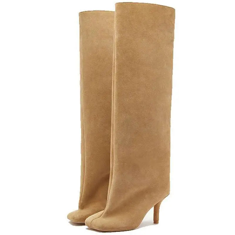 Tan suede knee high boots with sleek minimalist design and slender heel complement simple stitching square black knee high style yards custom