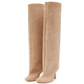 Tan suede over-the-knee boots with a modest heel and simple stitching square head black knee high design yards custom