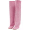 Pair of soft pink suede over-the-knee boots with simple stitching square design and yards custom craftsmanship