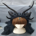 Black simulation horn lace dark witch headband featuring floral embellishments and a central ornate pendant