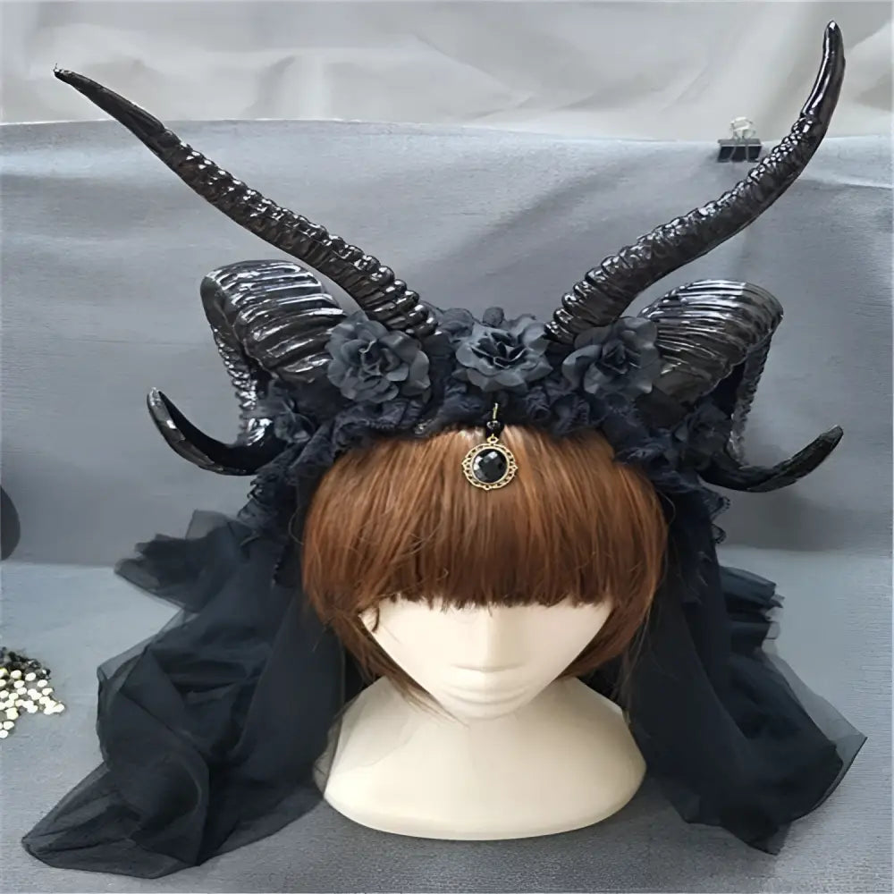 Black simulation horn lace dark witch headband featuring floral embellishments and a central ornate pendant