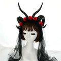 Black lace dark witch headband with simulation horn lace, red roses, and sheer black veil for gothic costume use