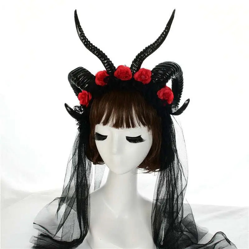 Black lace dark witch headband with simulation horn lace, red roses, and sheer black veil for gothic costume use