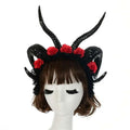 Simulation horn lace dark witch headband with black horned design adorned by red fabric roses