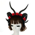 Black horned lace dark witch headband adorned with red fabric roses for simulation horn lace costume use