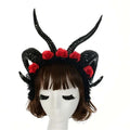 Black horned dark witch headband with simulation horn lace and red fabric roses for gothic costume use