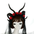 Black lace dark witch headband with simulation horn lace, red fabric roses, and black tulle veil