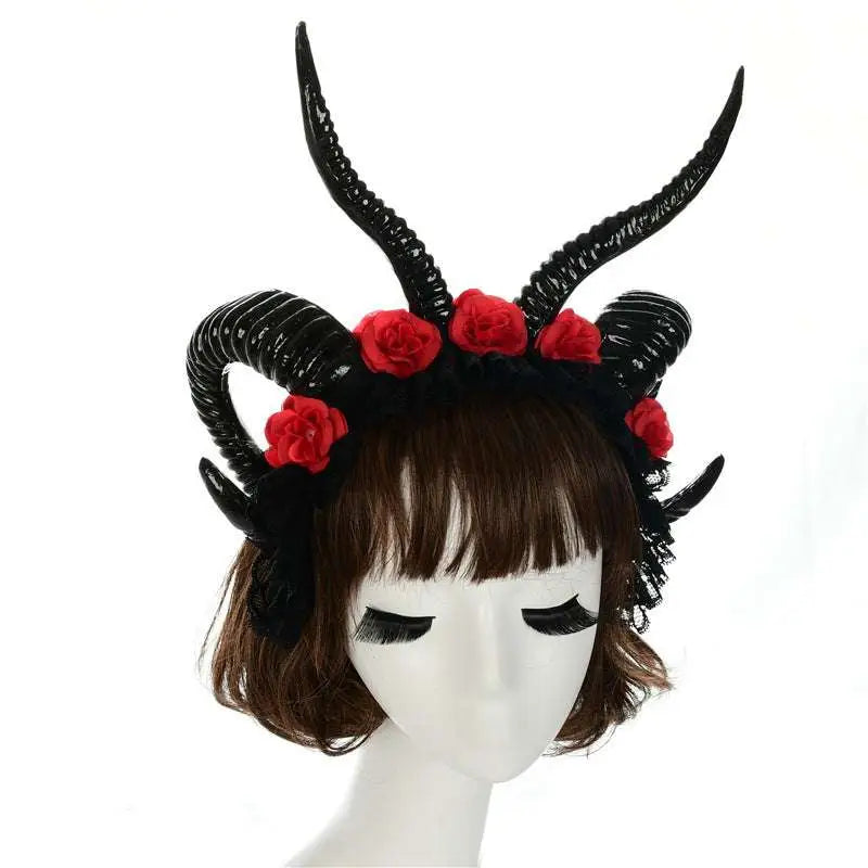 Black horned lace dark witch headband adorned with red fabric roses simulation horn lace accessory