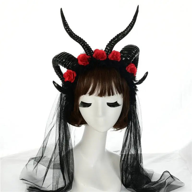 Black simulation horn lace dark witch headband with red fabric roses and sheer black veil for costume use