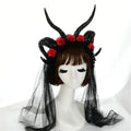 Black horned lace dark witch headband with red roses and sheer veil simulation horn lace accessory