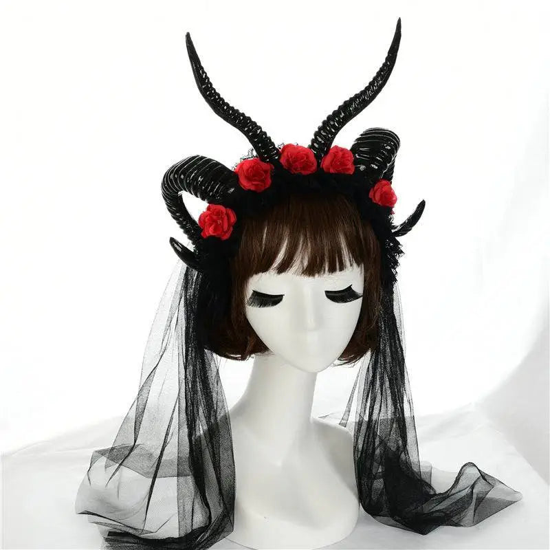 Black horned lace dark witch headband with red roses and sheer veil simulation horn lace accessory