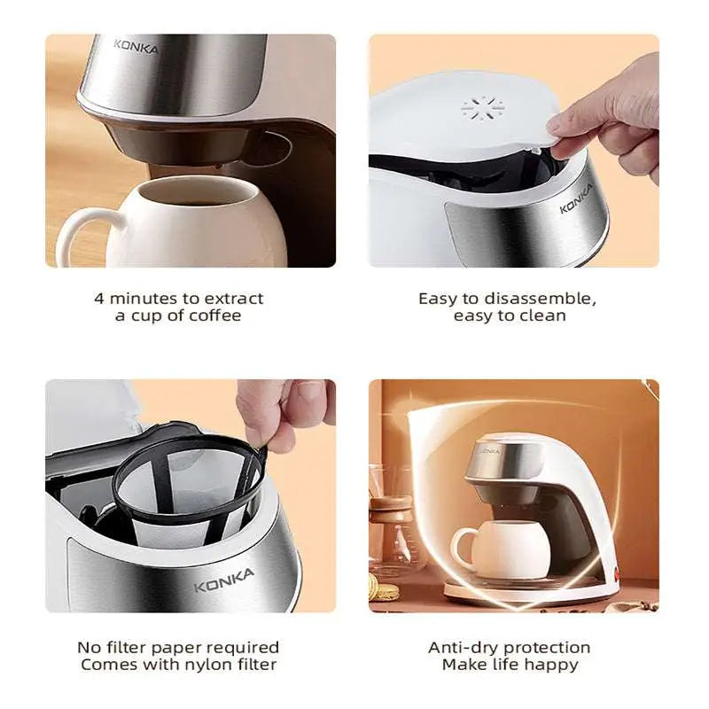 White and silver konka fully automatic single serve portable coffee machine with stainless steel drip tray pouring dark coffee