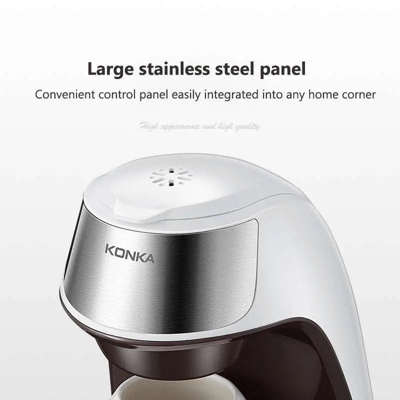 Konka fully automatic single serve portable coffee machine with sleek stainless steel and white plastic control panel