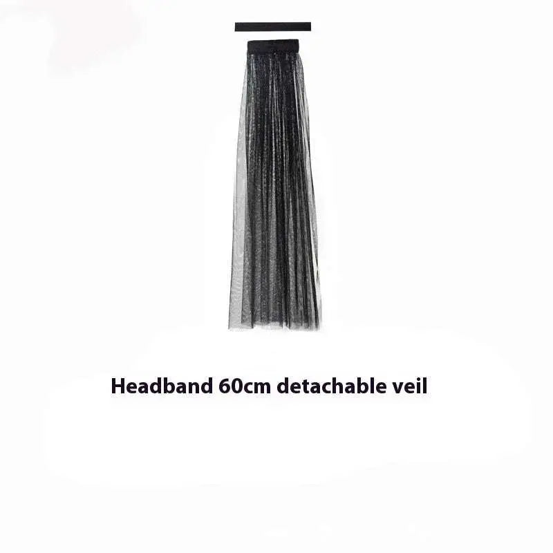 Black sheer mesh 60cm veil with detachable headband featuring skeleton head sheep horn hair hoop with roses