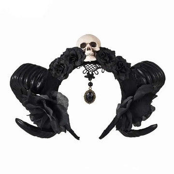 Black head sheep horn hair hoop featuring a skeleton head sheep skull and black roses with black sheer mesh details